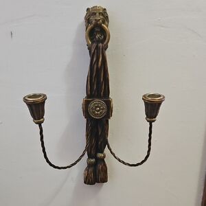 Vintage Lion Head Braided Draped Tassel Double Arm Antique Gold Candle Holder